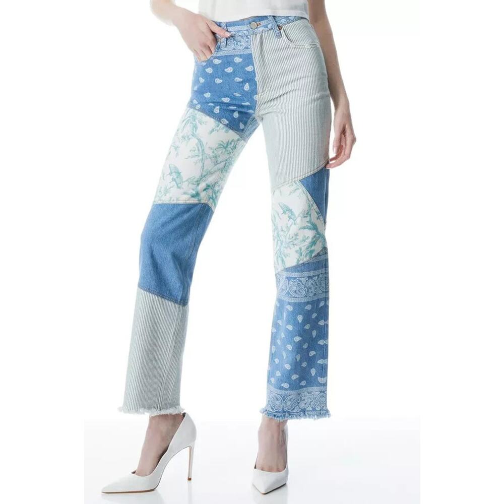 Alice + Olivia Patchwork Flare Jeans in Light Blue, White